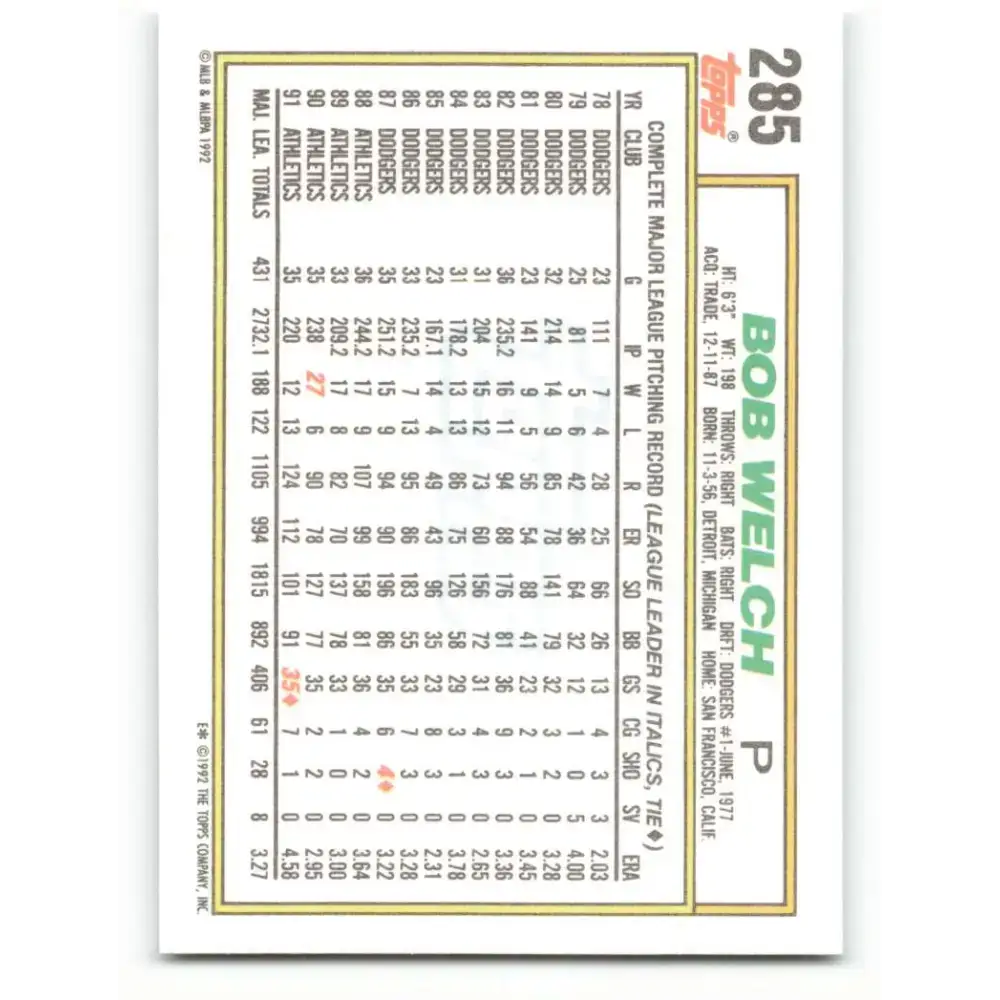 1992 Topps #285 Bob Welch EX Excellent Oakland Athletics Baseball Card