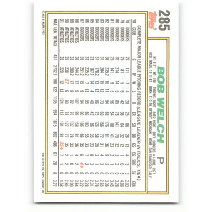 1992 Topps #285 Bob Welch EX Excellent Oakland Athletics Baseball Card