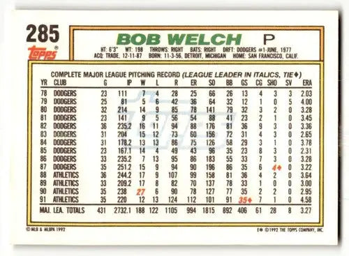 1992 Topps #285 Bob Welch Oakland Athletics Baseball Cards EX/NM ID:61157 - Baseball Card Single