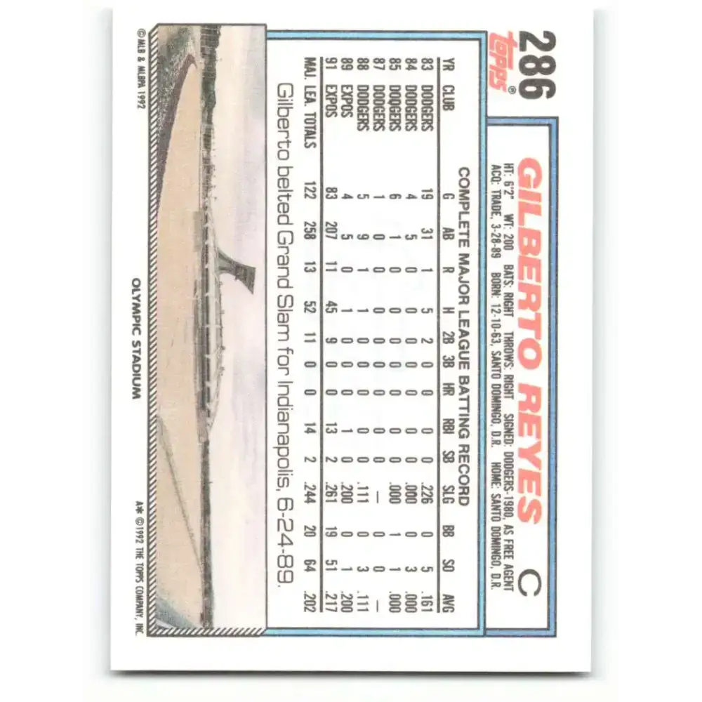 1992 Topps #286 Gilberto Reyes NM-MT Montreal Expos Baseball Card - Baseball Card Single