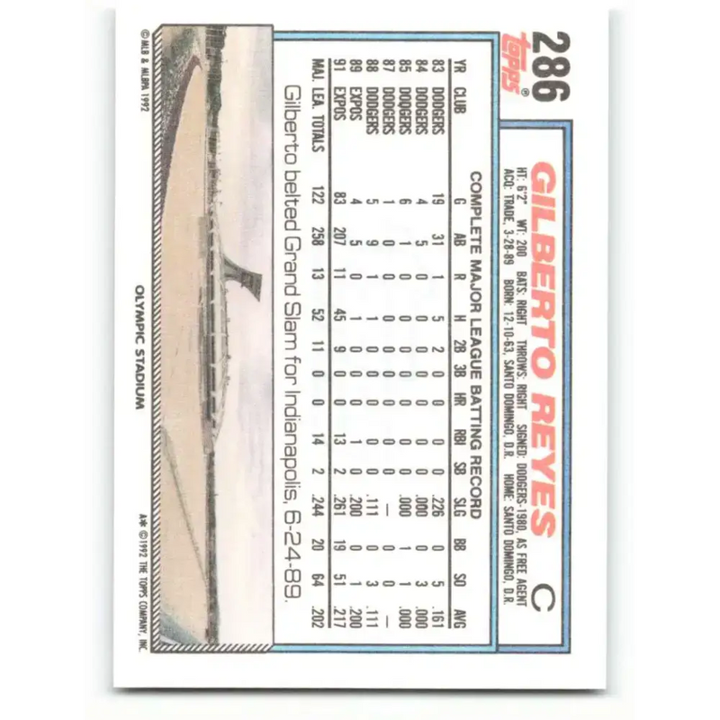 1992 Topps #286 Gilberto Reyes NM-MT Montreal Expos Baseball Card - Baseball Card Single