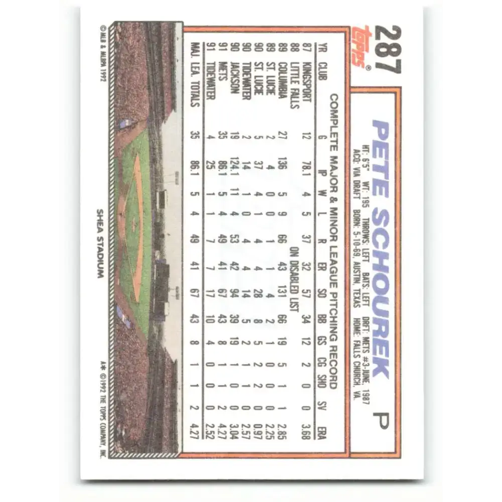 1992 Topps #287 Pete Schourek NM-MT New York Mets Baseball Card - Baseball Card Single