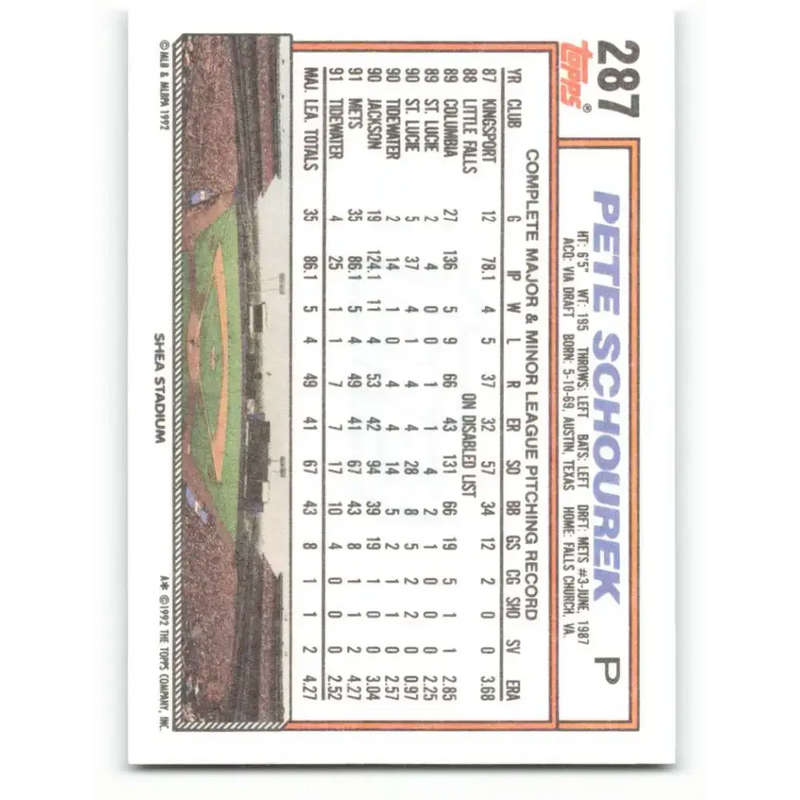1992 Topps #287 Pete Schourek NM-MT New York Mets Baseball Card - Baseball Card Single