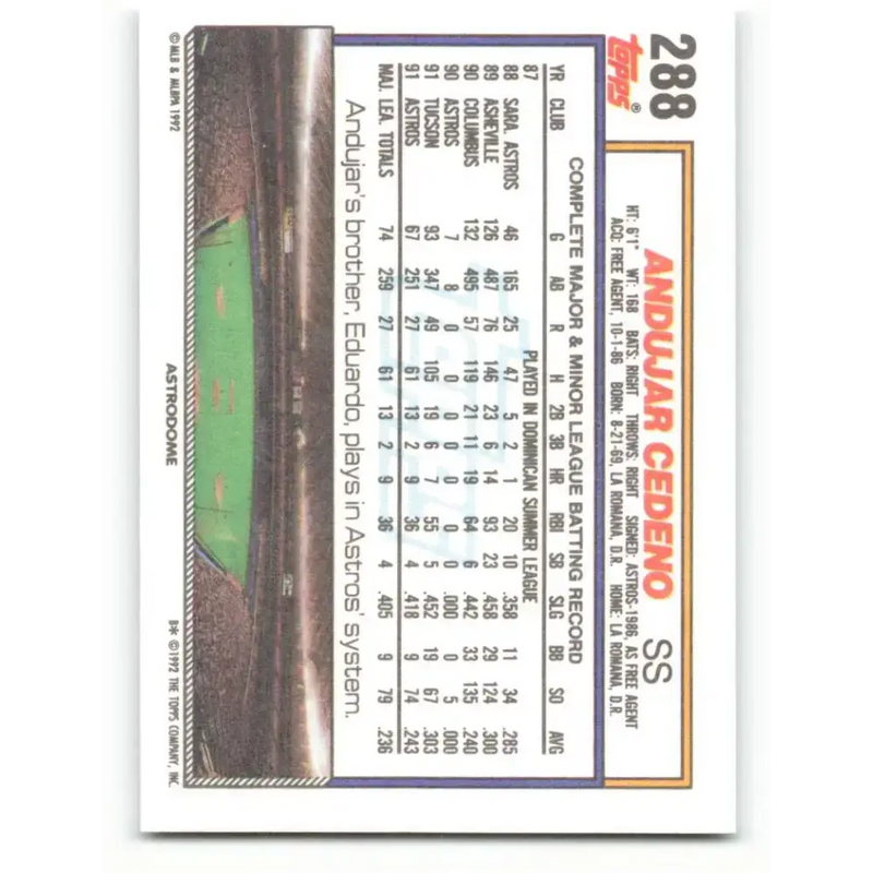 1992 Topps #288 Andujar Cedeno NM-MT Houston Astros Baseball Card - Baseball Card Single