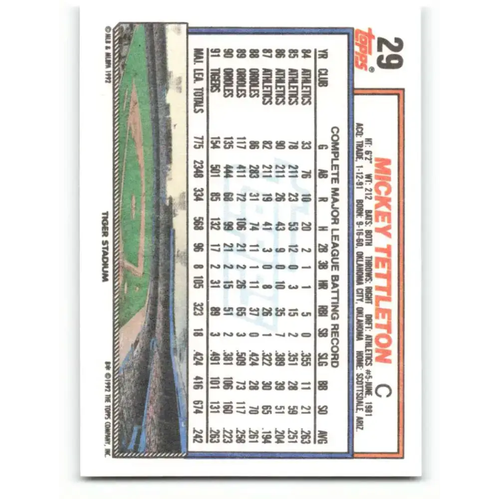 1992 Topps #29 Mickey Tettleton NM-MT Detroit Tigers Baseball Card
