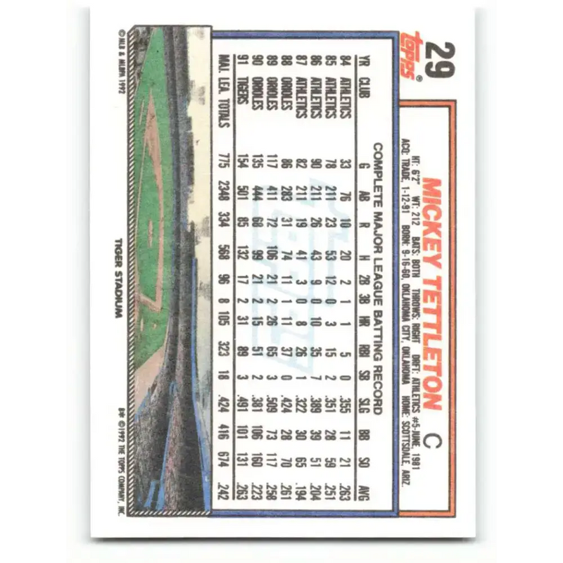 1992 Topps #29 Mickey Tettleton NM-MT Detroit Tigers Baseball Card