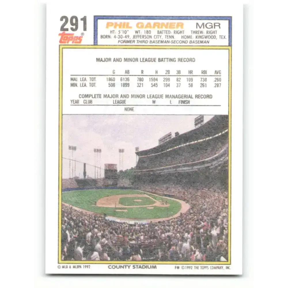 1992 Topps #291 Phil Garner NM-MT Milwaukee Brewers Baseball Card - Baseball Card Single