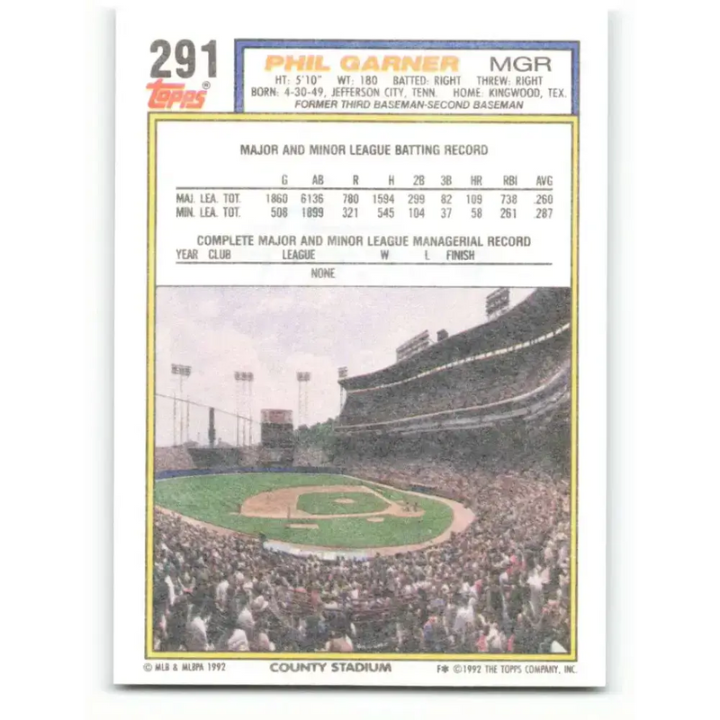 1992 Topps #291 Phil Garner NM-MT Milwaukee Brewers Baseball Card - Baseball Card Single