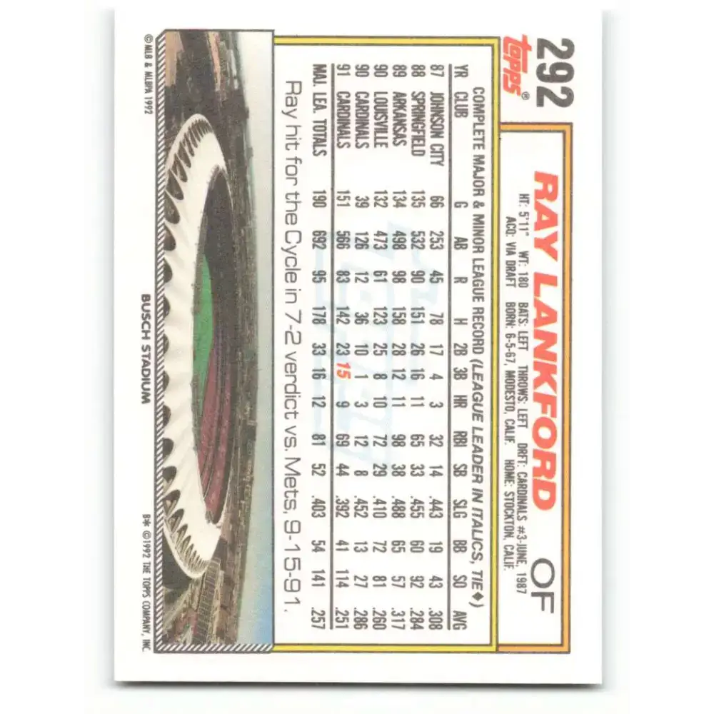 1992 Topps #292 Ray Lankford NM-MT St. Louis Cardinals Baseball Card - Baseball Card Single