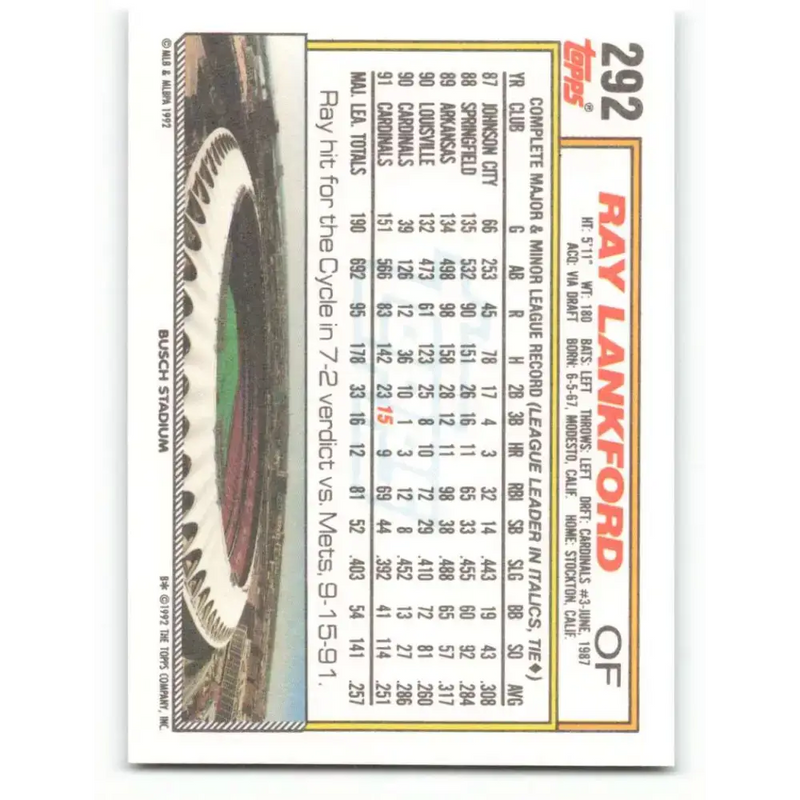1992 Topps #292 Ray Lankford NM-MT St. Louis Cardinals Baseball Card - Baseball Card Single