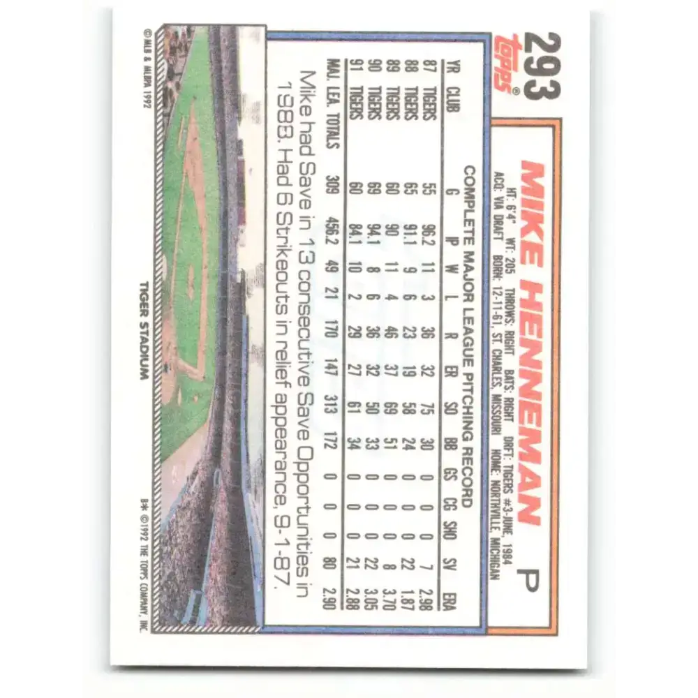 1992 Topps #293 Mike Henneman NM-MT Detroit Tigers Baseball Card - Baseball Card Single