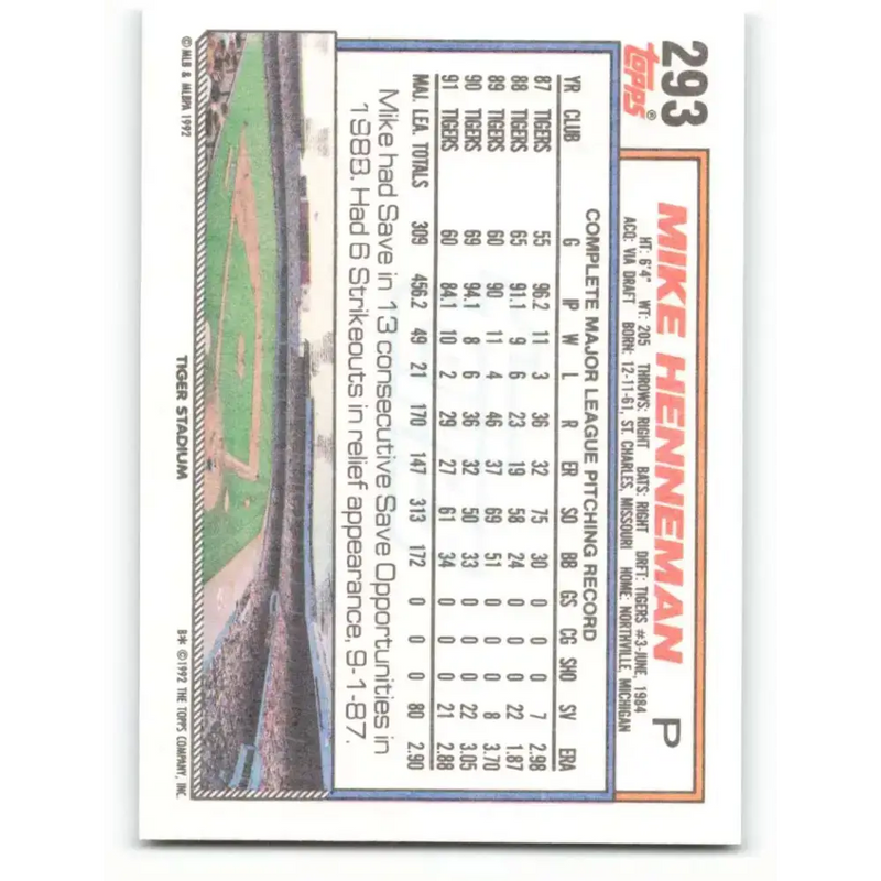 1992 Topps #293 Mike Henneman NM-MT Detroit Tigers Baseball Card - Baseball Card Single