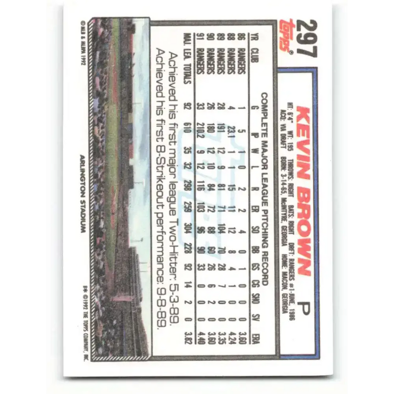 1992 Topps #297 Kevin Brown NM-MT Texas Rangers Baseball Card - Baseball Card Single