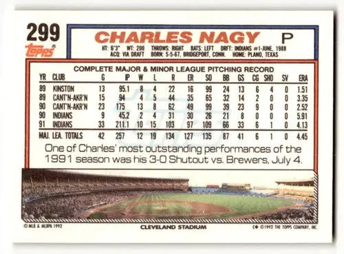 1992 Topps #299 Charles Nagy Cleveland Indians Baseball Cards EX/NM ID:55816 - Baseball Card Single