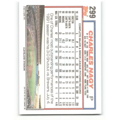 1992 Topps #299 Charles Nagy EX Excellent Cleveland Indians Baseball Card - Baseball Card
