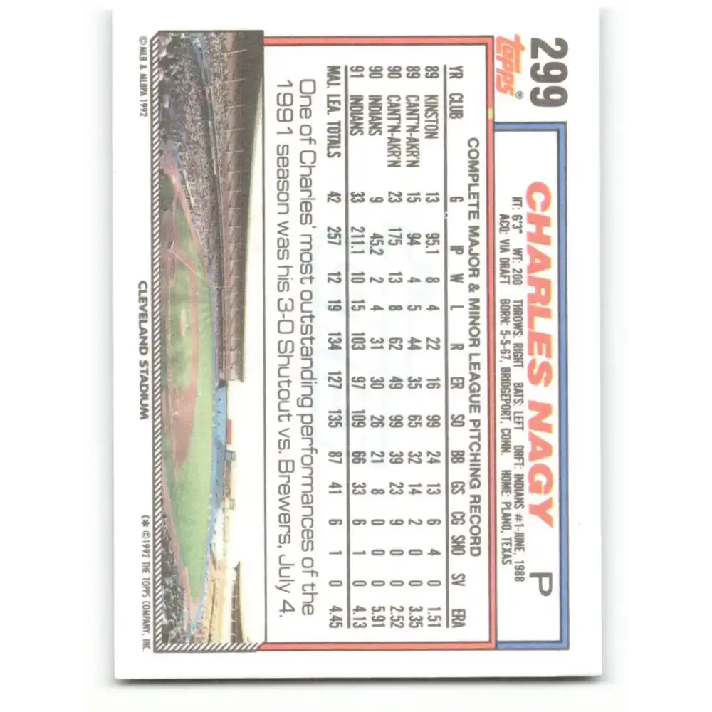 1992 Topps #299 Charles Nagy NM-MT Cleveland Indians Baseball Card - Baseball Card Single
