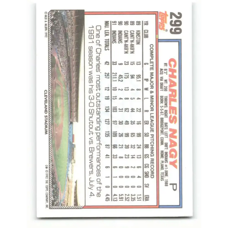 1992 Topps #299 Charles Nagy NM-MT Cleveland Indians Baseball Card - Baseball Card Single