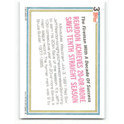 1992 Topps #3 Jeff Reardon EX Excellent Boston Red Sox Baseball Card - Baseball Card