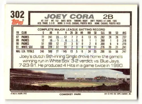 1992 Topps #302 Joey Cora Chicago White Sox Baseball Cards EX/NM ID:61154 - Baseball Card Single