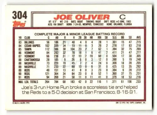 Joe Oliver Cincinnati Reds baseball card with original gloss from 1992 Topps series