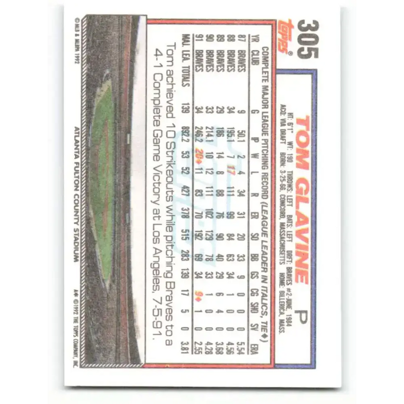 1992 Topps #305 Tom Glavine NM-MT Atlanta Braves Baseball Card