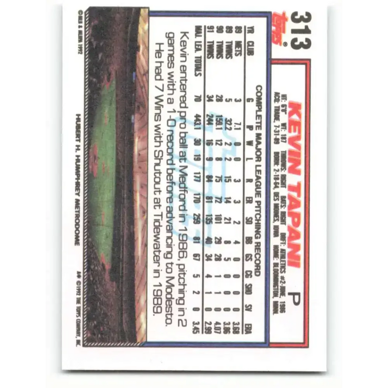 1992 Topps #313 Kevin Tapani NM-MT Minnesota Twins Baseball Card - Baseball Card Single