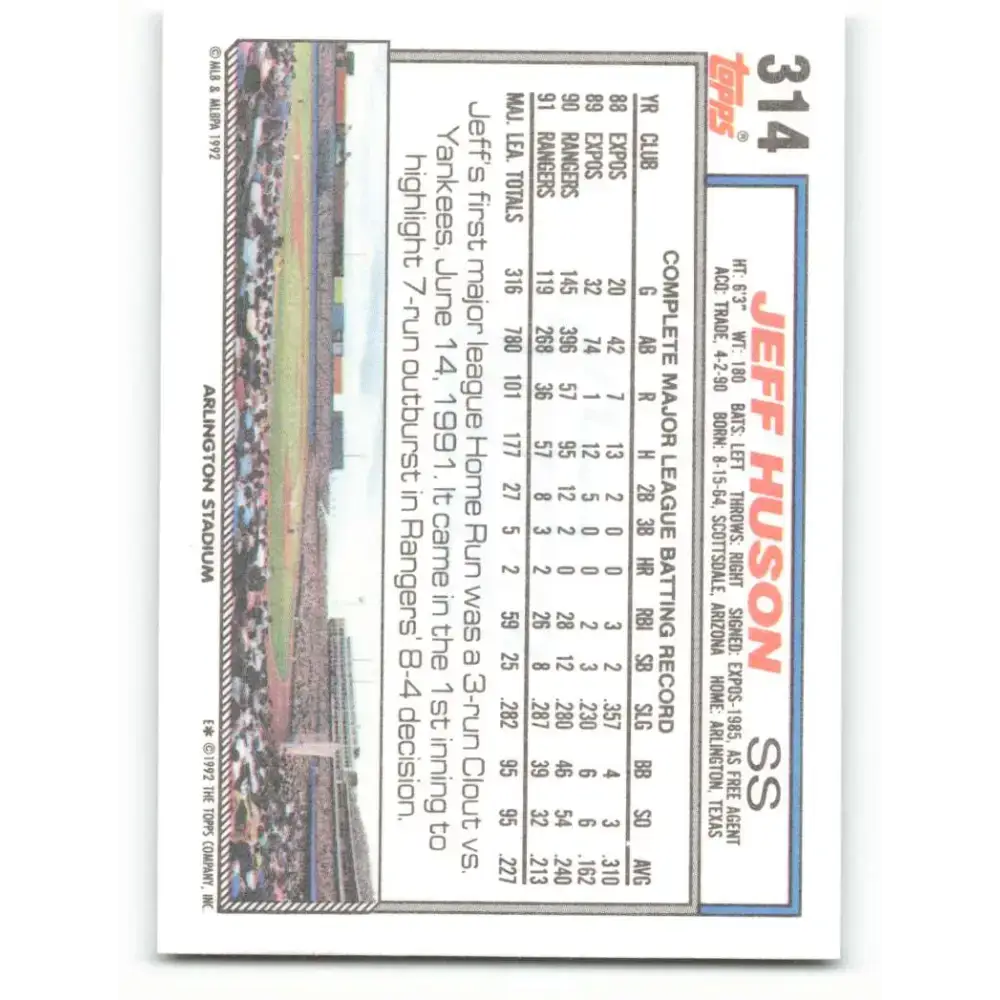 1992 Topps #314 Jeff Huson NM-MT Texas Rangers Baseball Card - Baseball Card Single