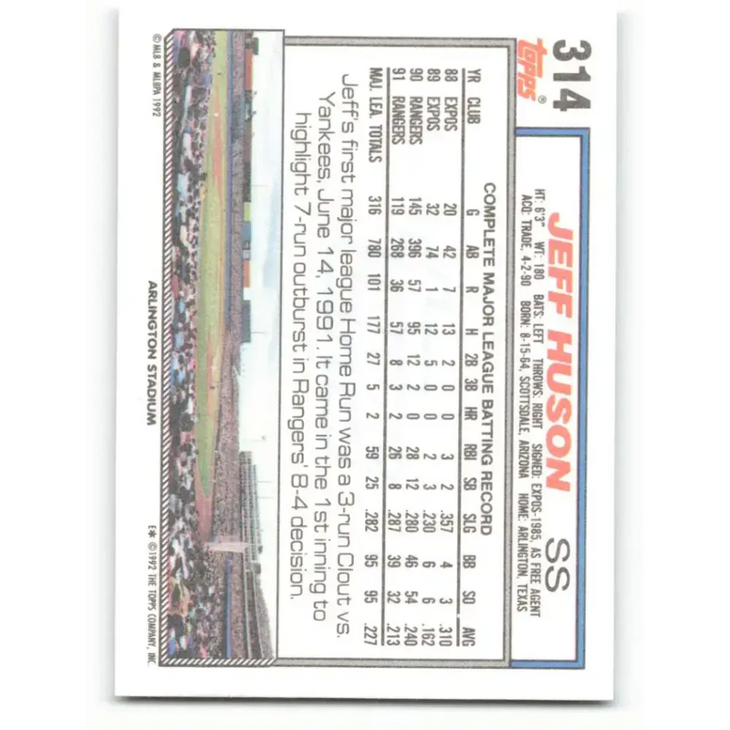 1992 Topps #314 Jeff Huson NM-MT Texas Rangers Baseball Card - Baseball Card Single