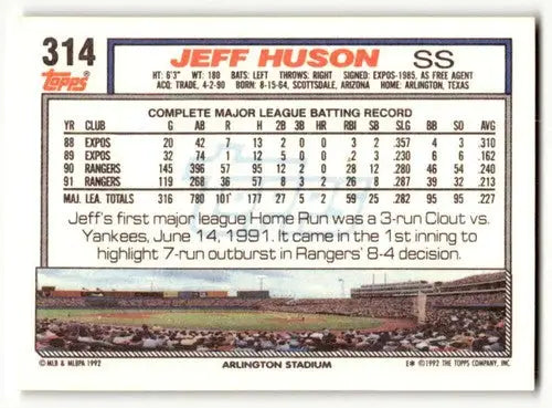 1992 Topps #314 Jeff Huson Texas Rangers Baseball Cards EX/NM ID:55897 - Baseball Card Single
