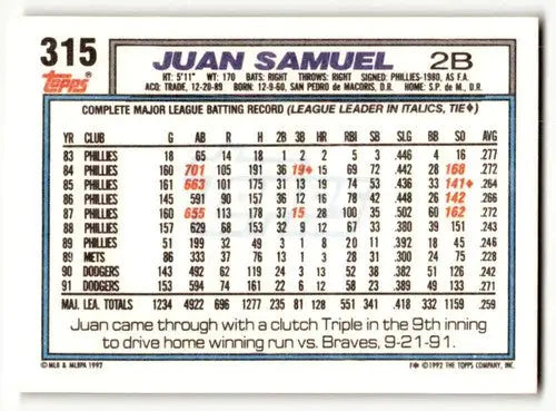 1992 Topps #315 Juan Samuel Los Angeles Dodgers Baseball Cards EX/NM ID:55881 - Baseball Card Single