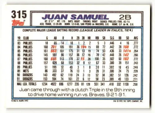 1992 Topps #315 Juan Samuel Los Angeles Dodgers Baseball Cards EX/NM ID:54712 - Baseball Card Single