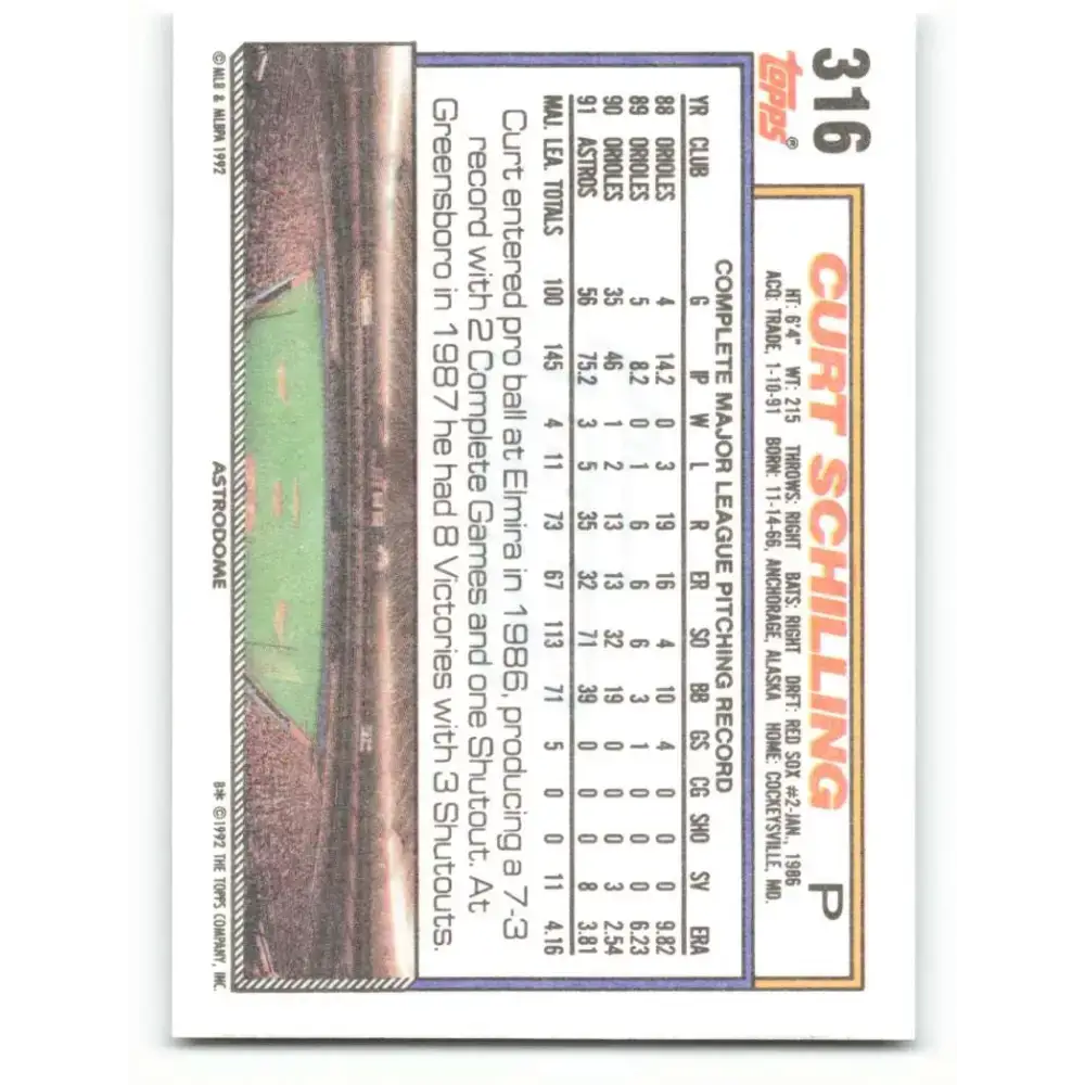 1992 Topps #316 Curt Schilling NM-MT Houston Astros Baseball Card - Baseball Card Single