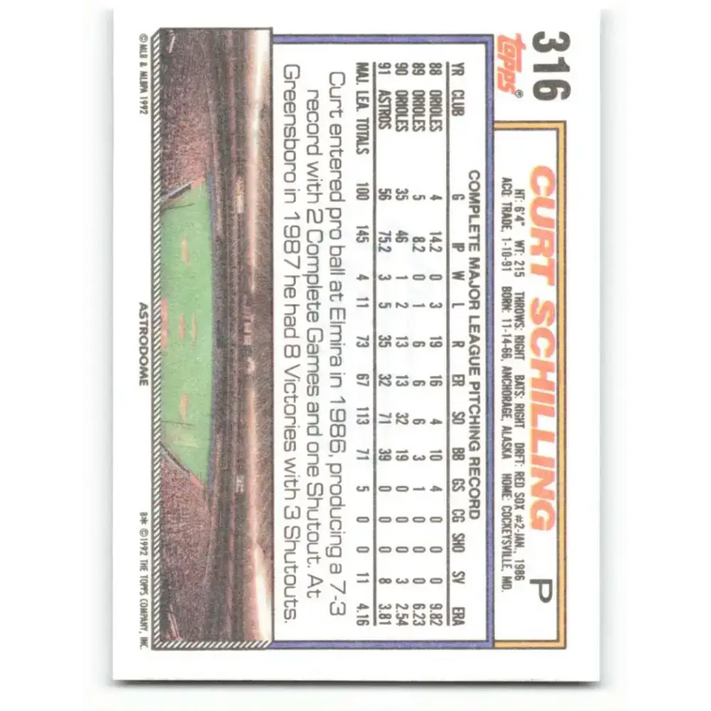 1992 Topps #316 Curt Schilling NM-MT Houston Astros Baseball Card - Baseball Card Single