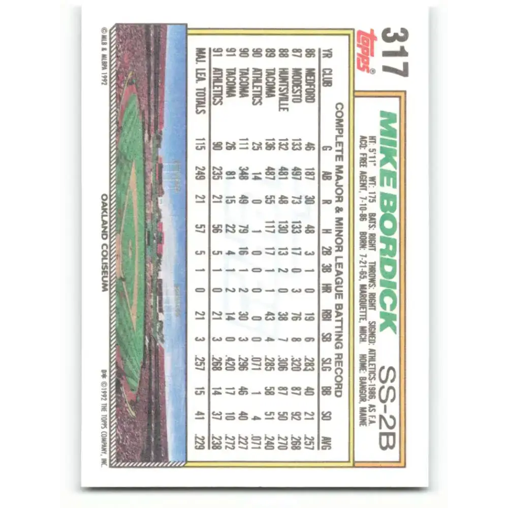 1992 Topps #317 Mike Bordick NM-MT Oakland Athletics Baseball Card