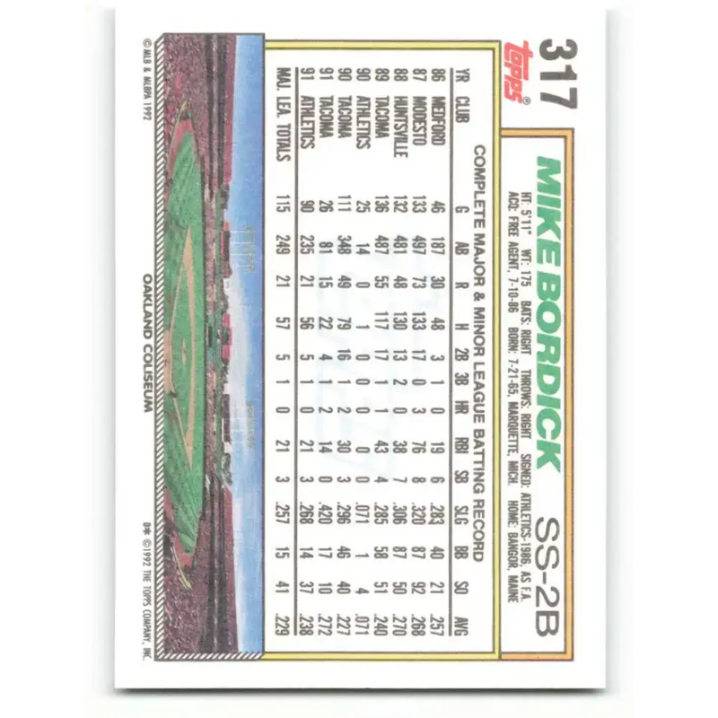 1992 Topps #317 Mike Bordick NM-MT Oakland Athletics Baseball Card