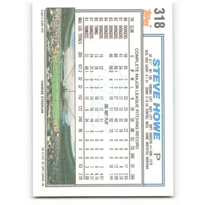 1992 Topps #318 Steve Howe NM-MT New York Yankees Baseball Card