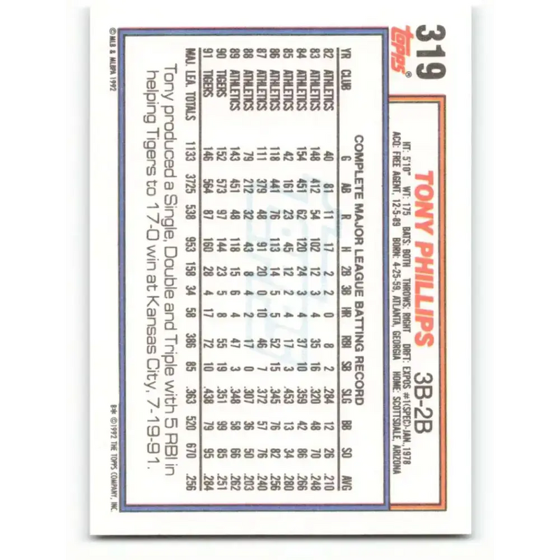 1992 Topps #319 Tony Phillips NM-MT Detroit Tigers Baseball Card - Baseball Card Single