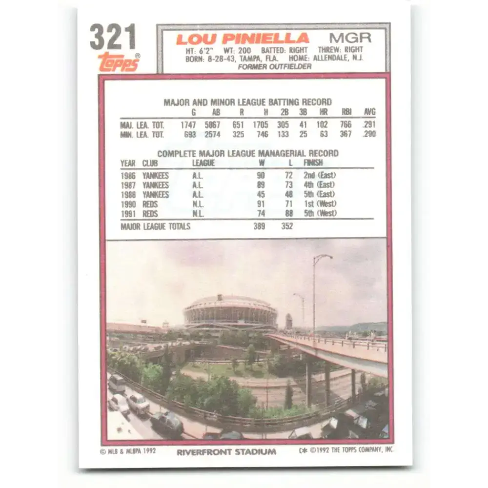 1992 Topps #321 Lou Piniella NM-MT Cincinnati Reds Baseball Card - Baseball Card Single