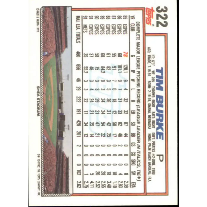 1992 Topps #322 Tim Burke NM-MT New York Mets Baseball Card - Baseball Card Single