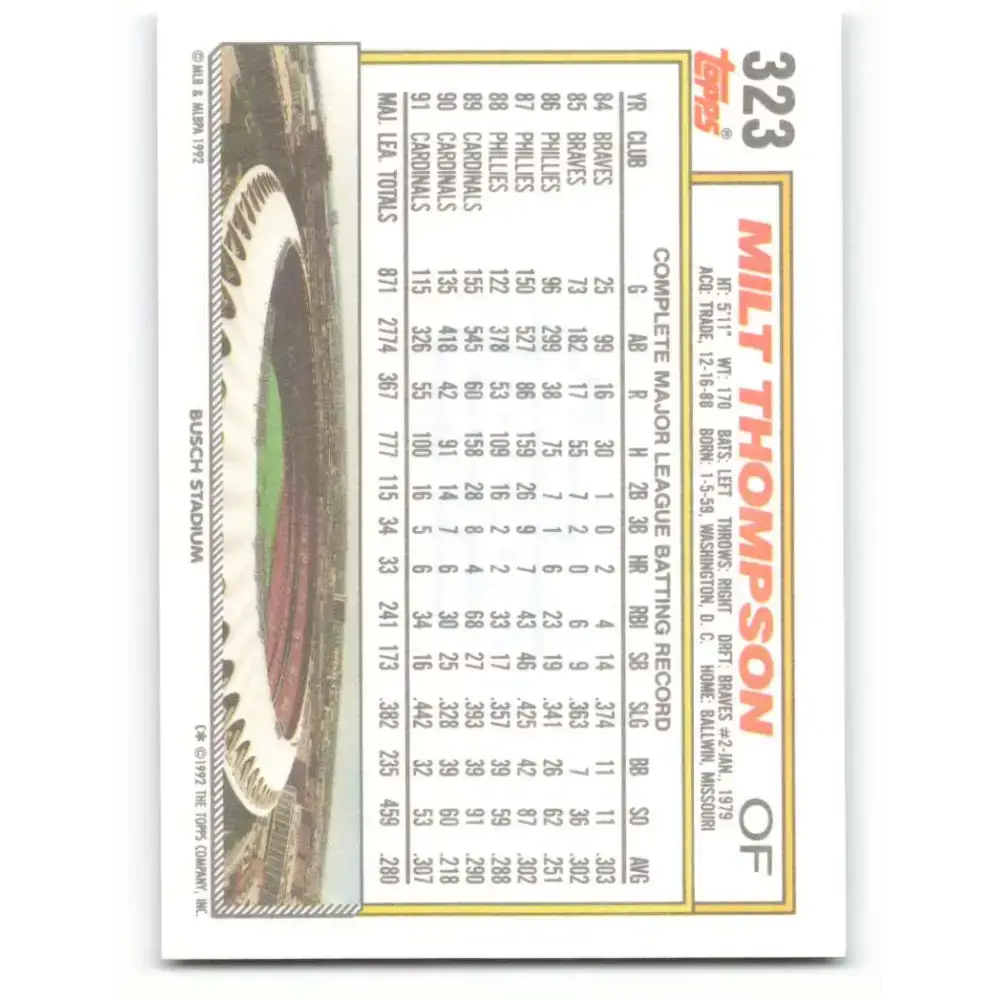 1992 Topps #323 Milt Thompson NM-MT St. Louis Cardinals Baseball Card - Baseball Card Single
