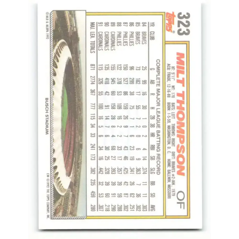 1992 Topps #323 Milt Thompson NM-MT St. Louis Cardinals Baseball Card - Baseball Card Single
