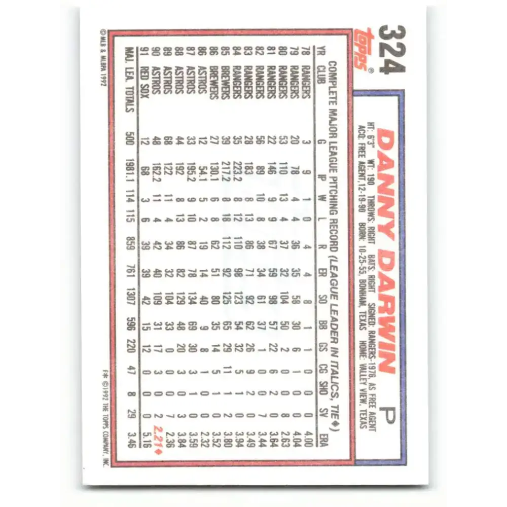 1992 Topps #324 Danny Darwin NM-MT Boston Red Sox Baseball Card - Baseball Card Single