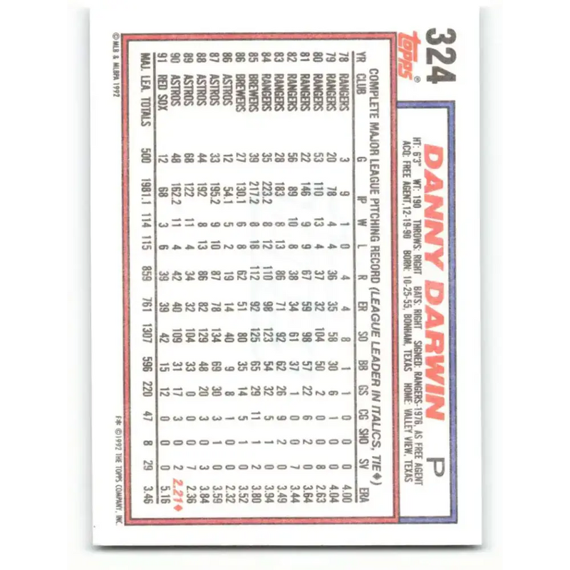 1992 Topps #324 Danny Darwin NM-MT Boston Red Sox Baseball Card - Baseball Card Single