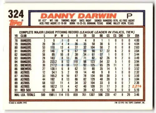 Original gloss of Danny Darwin baseball card from 1992 Topps #324 featuring Simply Sandoval