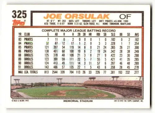 1992 Topps #325 Joe Orsulak Baltimore Orioles Baseball Cards EX/NM ID:55836 - Baseball Card Single