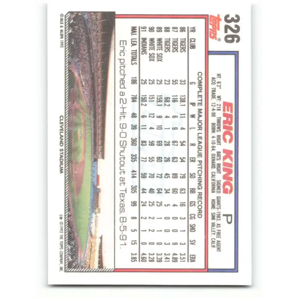 1992 Topps #326 Eric King NM-MT Cleveland Indians Baseball Card - Baseball Card Single