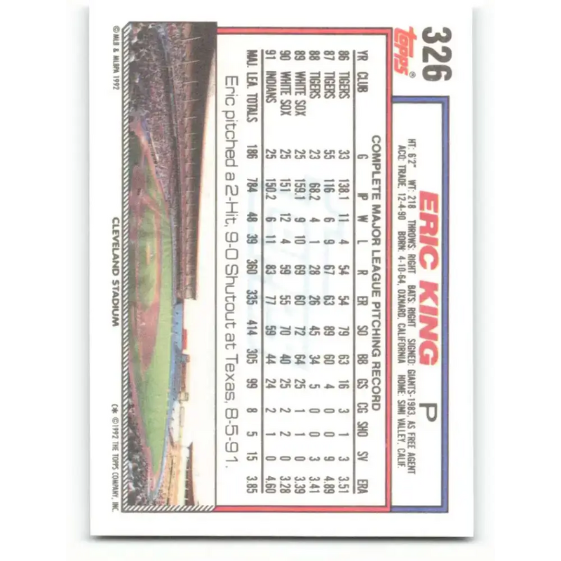1992 Topps #326 Eric King NM-MT Cleveland Indians Baseball Card - Baseball Card Single