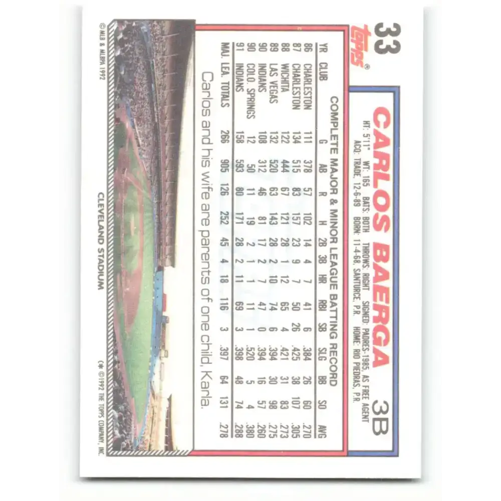 1992 Topps #33 Carlos Baerga NM-MT Cleveland Indians Baseball Card - Baseball Card Single