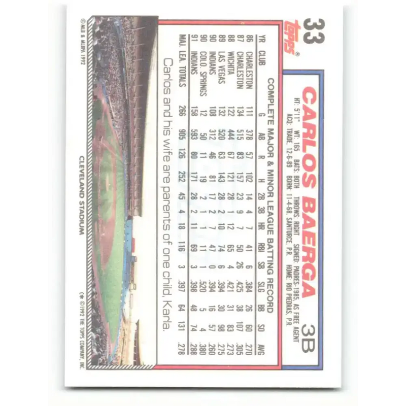 1992 Topps #33 Carlos Baerga NM-MT Cleveland Indians Baseball Card - Baseball Card Single