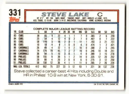 1992 Topps #331 Steve Lake Philadelphia Phillies Baseball Cards EX/N ID:55863 - Baseball Card Single